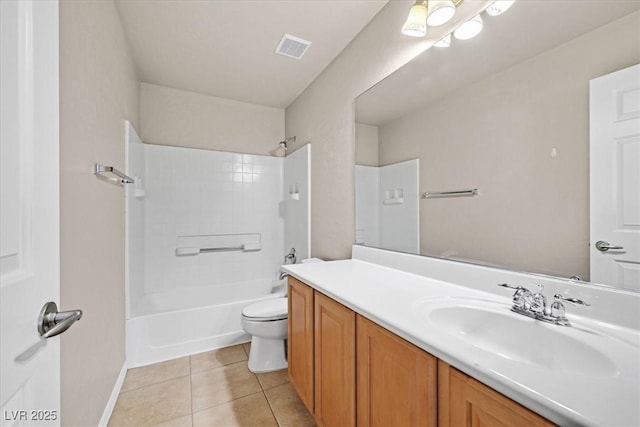 full bathroom featuring vanity, tub / shower combination, tile patterned floors, and toilet