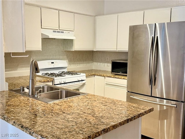 kitchen featuring sink, appliances with stainless steel finishes, tasteful backsplash, white cabinets, and stone countertops