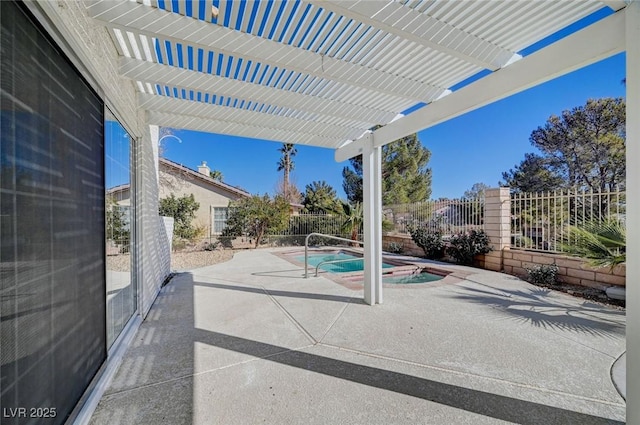 view of patio featuring a fenced backyard, a fenced in pool, and a pergola