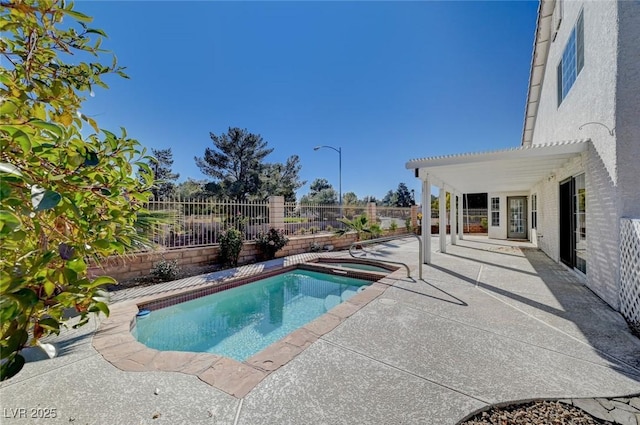 view of swimming pool featuring a patio area, a fenced backyard, a fenced in pool, and a pergola