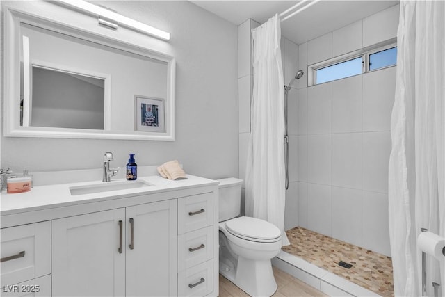 bathroom featuring vanity, toilet, and curtained shower