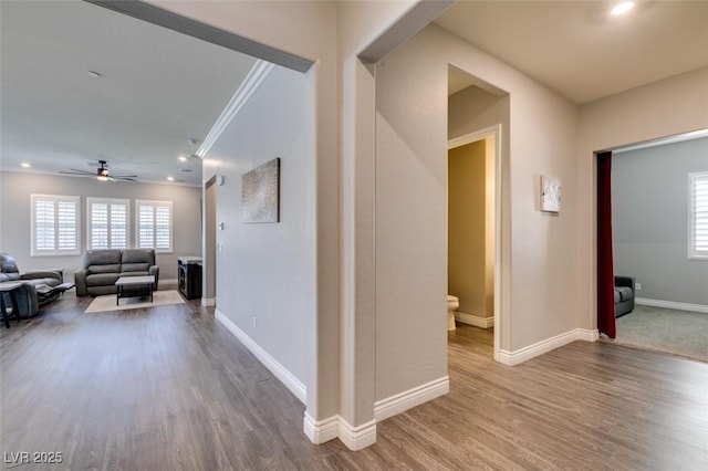 hallway featuring hardwood / wood-style floors and crown molding