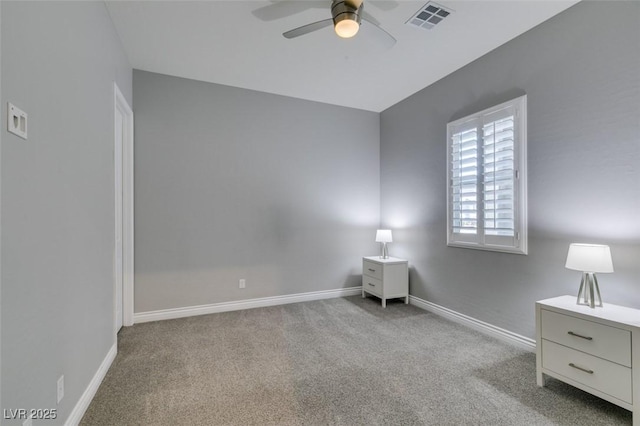 unfurnished bedroom with ceiling fan and light carpet