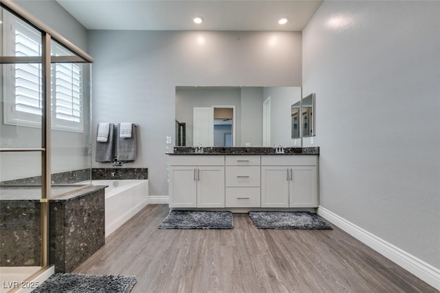 bathroom with vanity, wood-type flooring, and a washtub