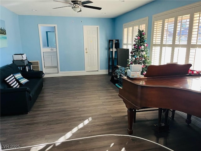 interior space with ceiling fan, sink, and dark hardwood / wood-style flooring