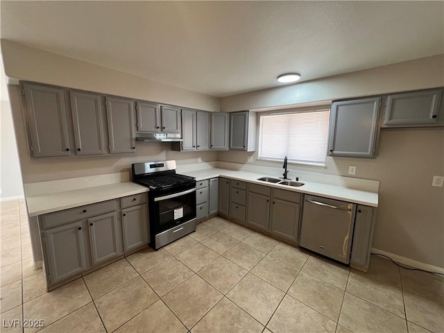 kitchen with gray cabinetry, sink, stainless steel appliances, and light tile patterned flooring