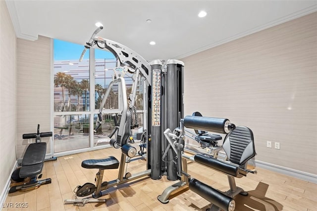 exercise room featuring light hardwood / wood-style flooring and ornamental molding