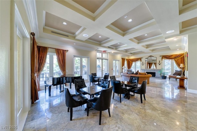 dining space with crown molding, coffered ceiling, beam ceiling, and french doors