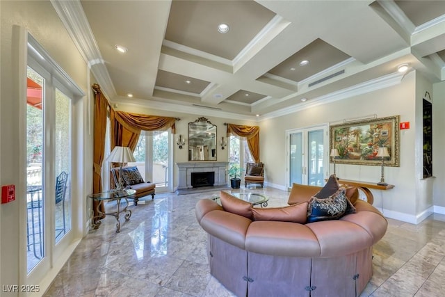 living room with coffered ceiling, crown molding, and beamed ceiling