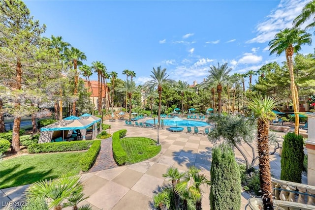 view of swimming pool featuring a patio