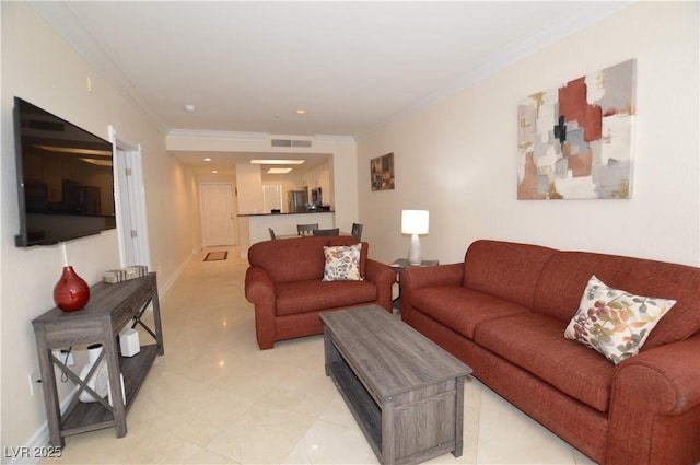 tiled living room with crown molding