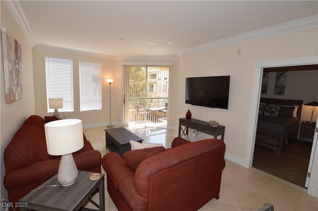 tiled living room featuring crown molding