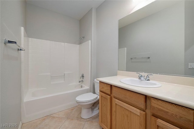 full bathroom with vanity, tub / shower combination, tile patterned floors, and toilet