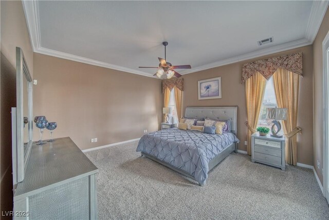 bedroom featuring ornamental molding, ceiling fan, and carpet flooring