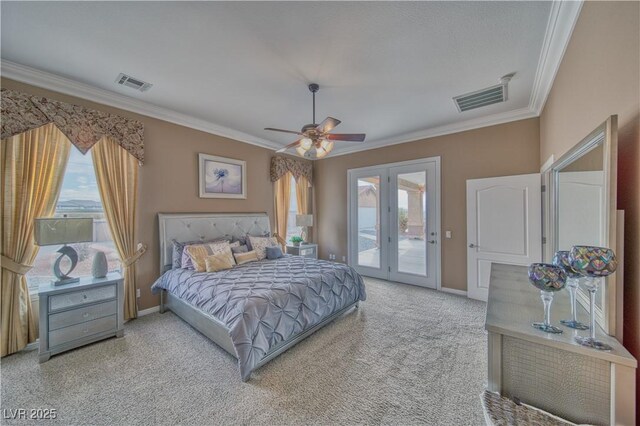 bedroom with crown molding, ceiling fan, access to exterior, and light carpet