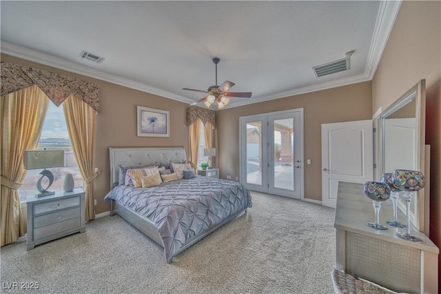 bedroom with access to outside, visible vents, and ornamental molding