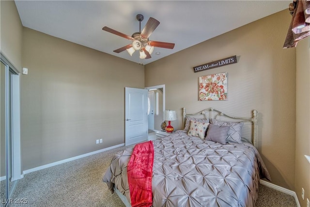 bedroom with carpet floors, ceiling fan, and baseboards