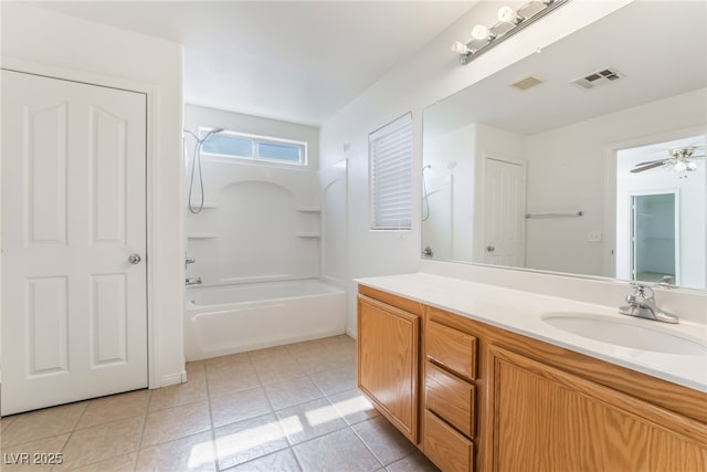 full bathroom with shower / bathtub combination, tile patterned flooring, vanity, and visible vents