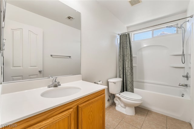 full bathroom with toilet, tile patterned flooring, visible vents, and vanity