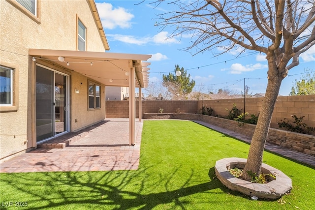 view of yard with a fenced backyard and a patio