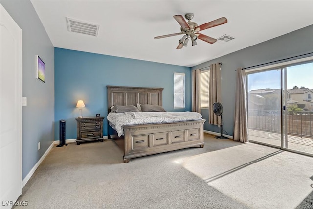 carpeted bedroom with ceiling fan and access to exterior