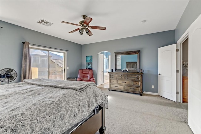 carpeted bedroom featuring ceiling fan and access to outside