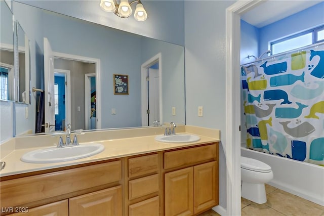 full bathroom with shower / tub combo with curtain, tile patterned floors, toilet, and plenty of natural light