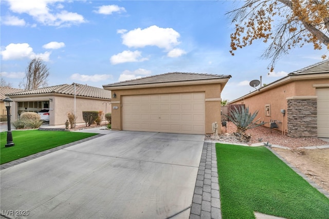 view of front of house featuring a tiled roof, a front lawn, and stucco siding