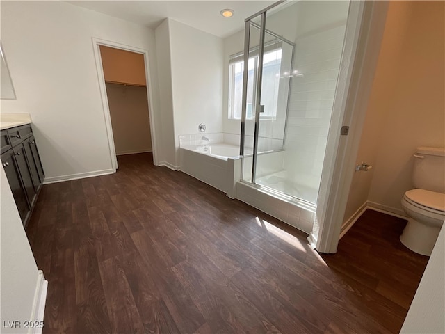 bathroom featuring toilet, a stall shower, wood finished floors, and vanity