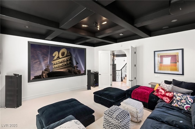 carpeted cinema with coffered ceiling and beam ceiling