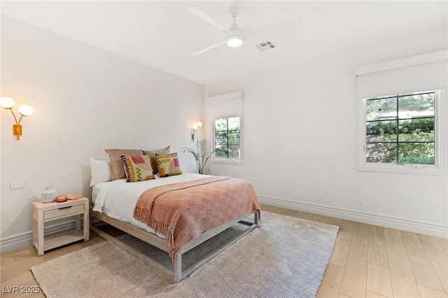 bedroom with ceiling fan and light wood-type flooring