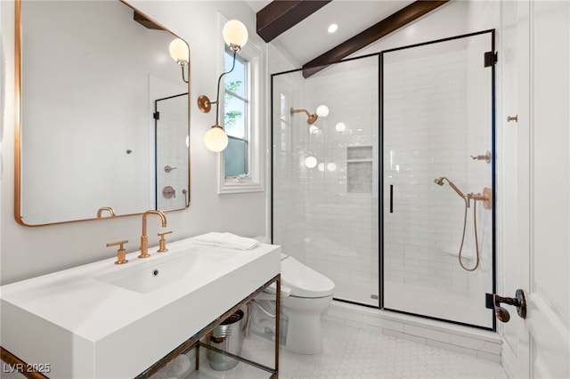 bathroom featuring an enclosed shower, sink, lofted ceiling with beams, and toilet