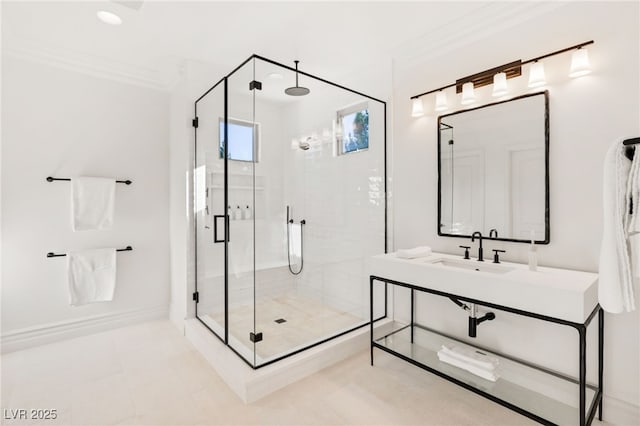 bathroom featuring crown molding, vanity, an enclosed shower, and tile patterned flooring