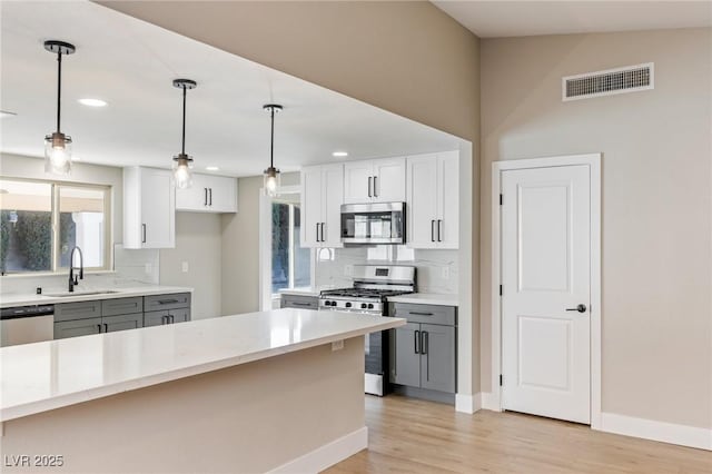 kitchen featuring sink, gray cabinets, white cabinetry, stainless steel appliances, and decorative light fixtures