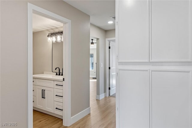 interior space with hardwood / wood-style flooring and vanity