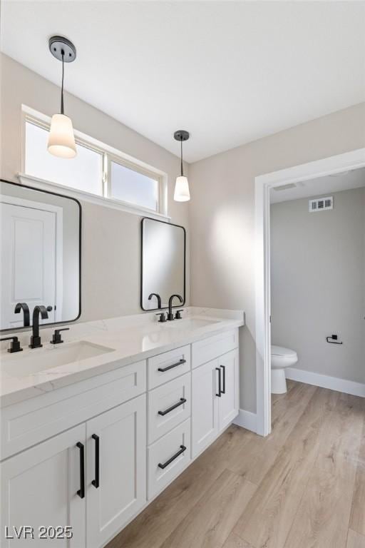 bathroom featuring wood-type flooring, toilet, and vanity