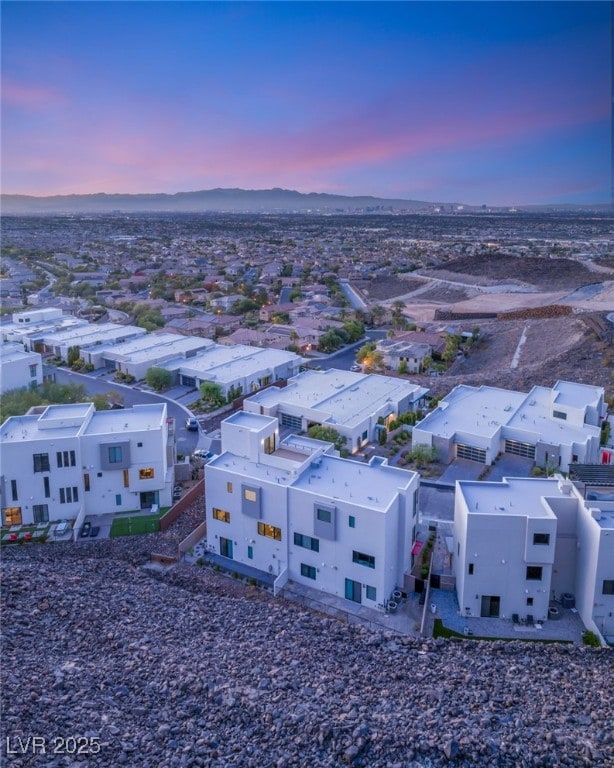 view of aerial view at dusk