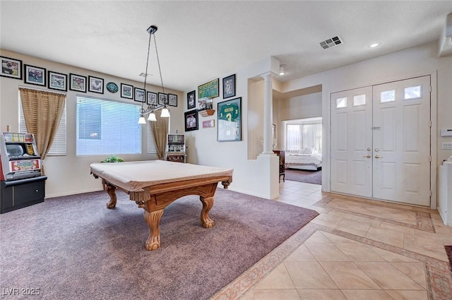 game room with billiards, light tile patterned floors, and ornate columns