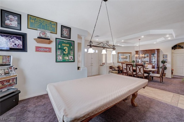 playroom with billiards, a raised ceiling, and carpet floors