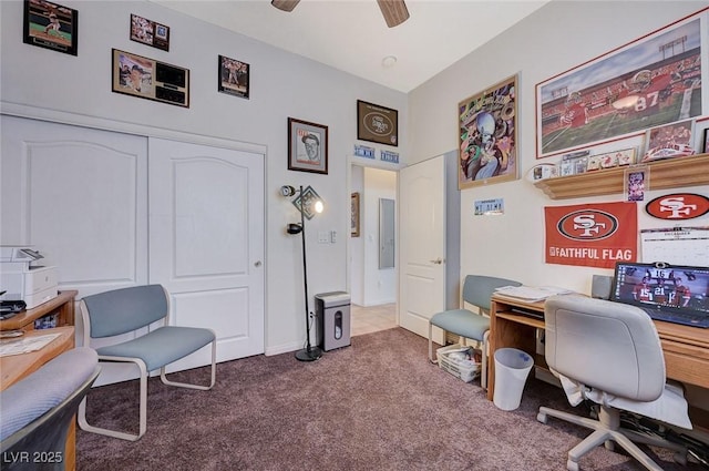 office space with ceiling fan and carpet flooring