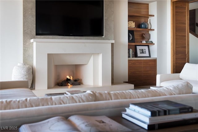 living room with built in shelves