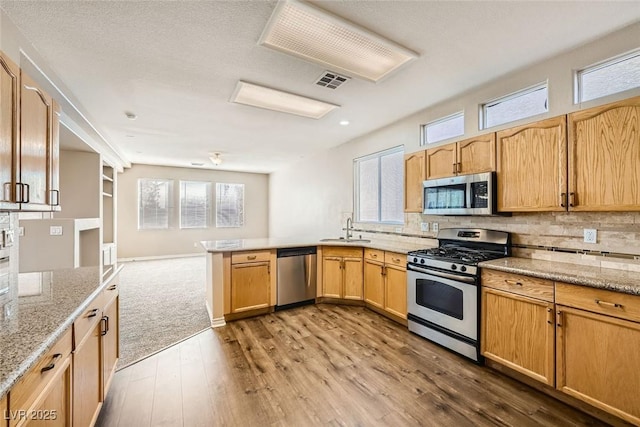 kitchen featuring sink, light stone counters, wood-type flooring, kitchen peninsula, and stainless steel appliances