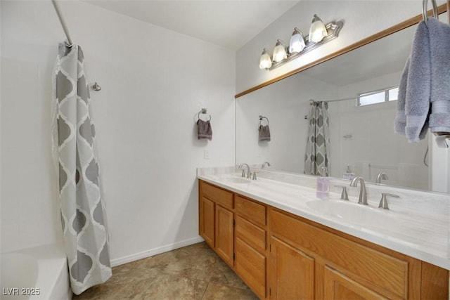 bathroom with vanity and shower / bath combination with curtain