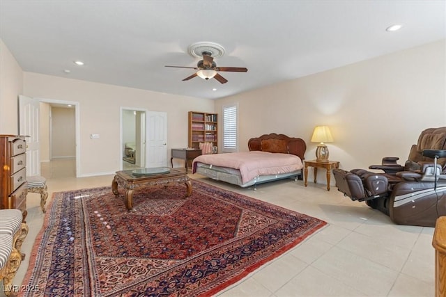 bedroom featuring light tile patterned floors and ceiling fan