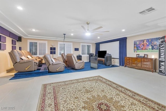 tiled living room with ceiling fan