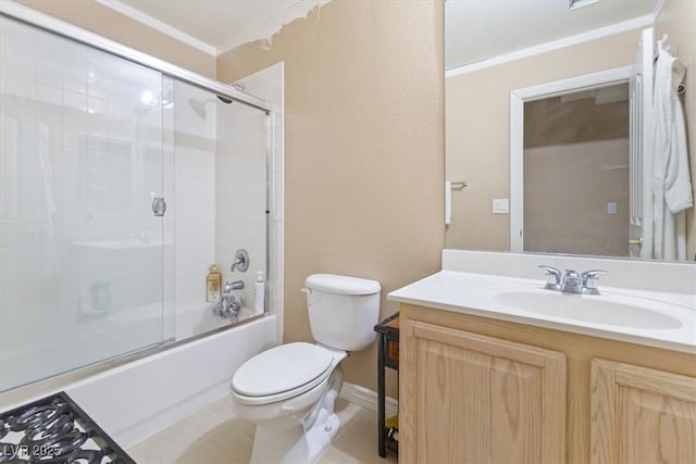 full bathroom with toilet, crown molding, bath / shower combo with glass door, vanity, and tile patterned flooring