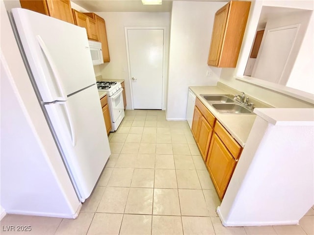 kitchen featuring sink, light tile patterned floors, and white appliances