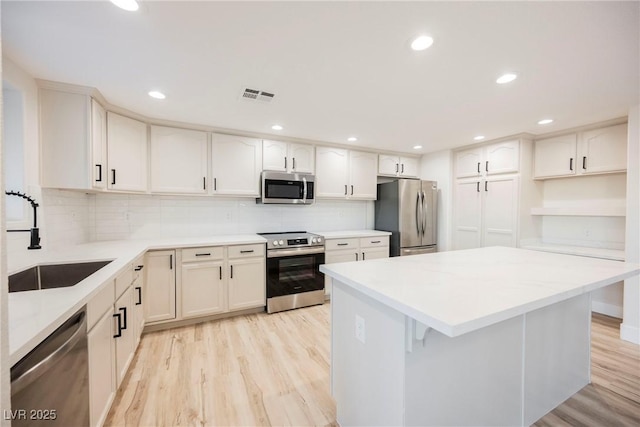 kitchen with sink, white cabinetry, light wood-type flooring, appliances with stainless steel finishes, and decorative backsplash