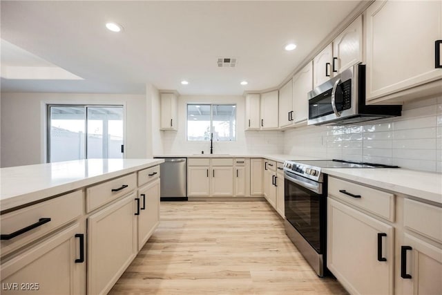 kitchen with sink, backsplash, light hardwood / wood-style flooring, and appliances with stainless steel finishes