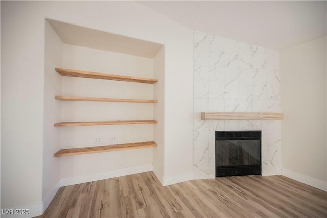 details featuring wood-type flooring, heating unit, and a fireplace